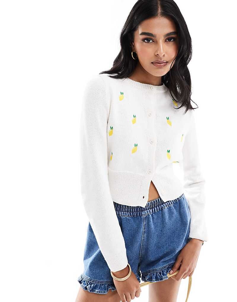 

Гладкий кардиган цвета слоновой кости с вышивкой лимона ASOS DESIGN