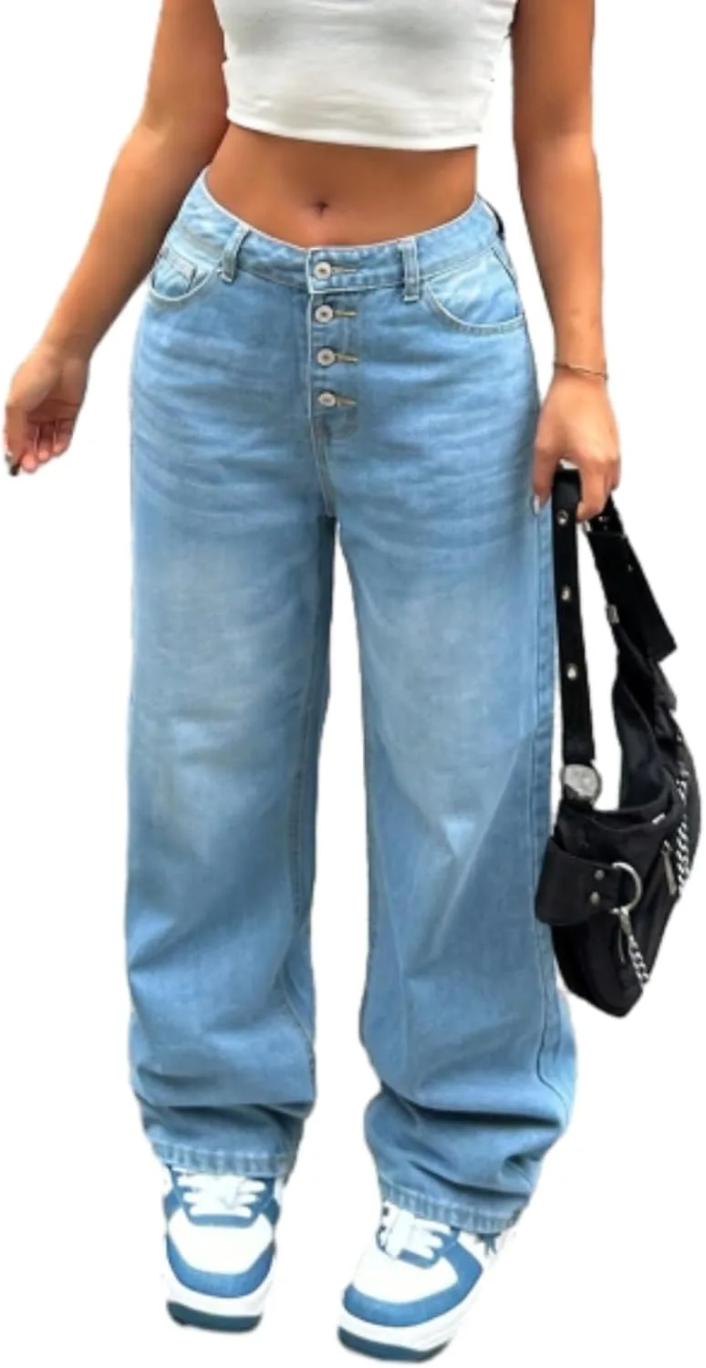 

Женские джинсы baggy casual с широкими штанинами boyfriend low rise denim streetwear на пуговицах EXPJEAS