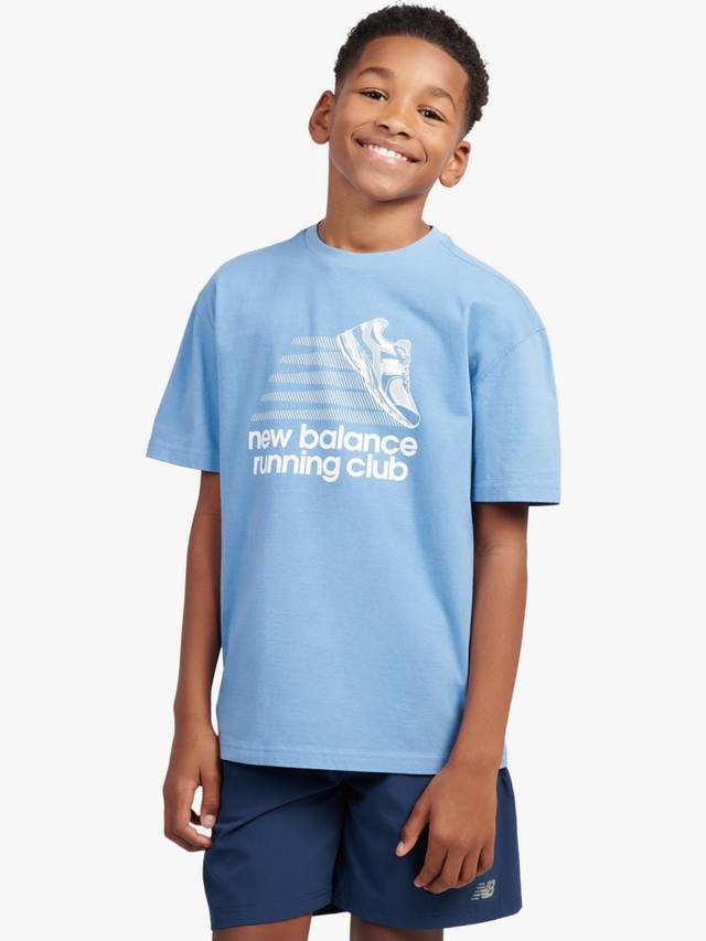 

Детская хлопковая футболка Running Club с принтом New Balance, Blue Laguna