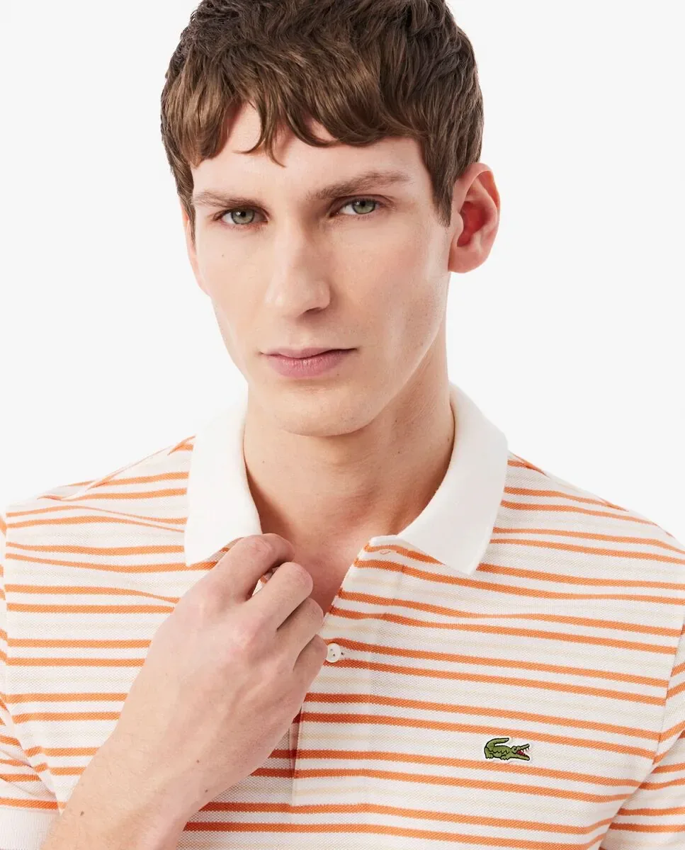 Lacoste Мужское поло классического кроя из полосатого оранжевого ткани петит пике с коротким рукавом — фото 3