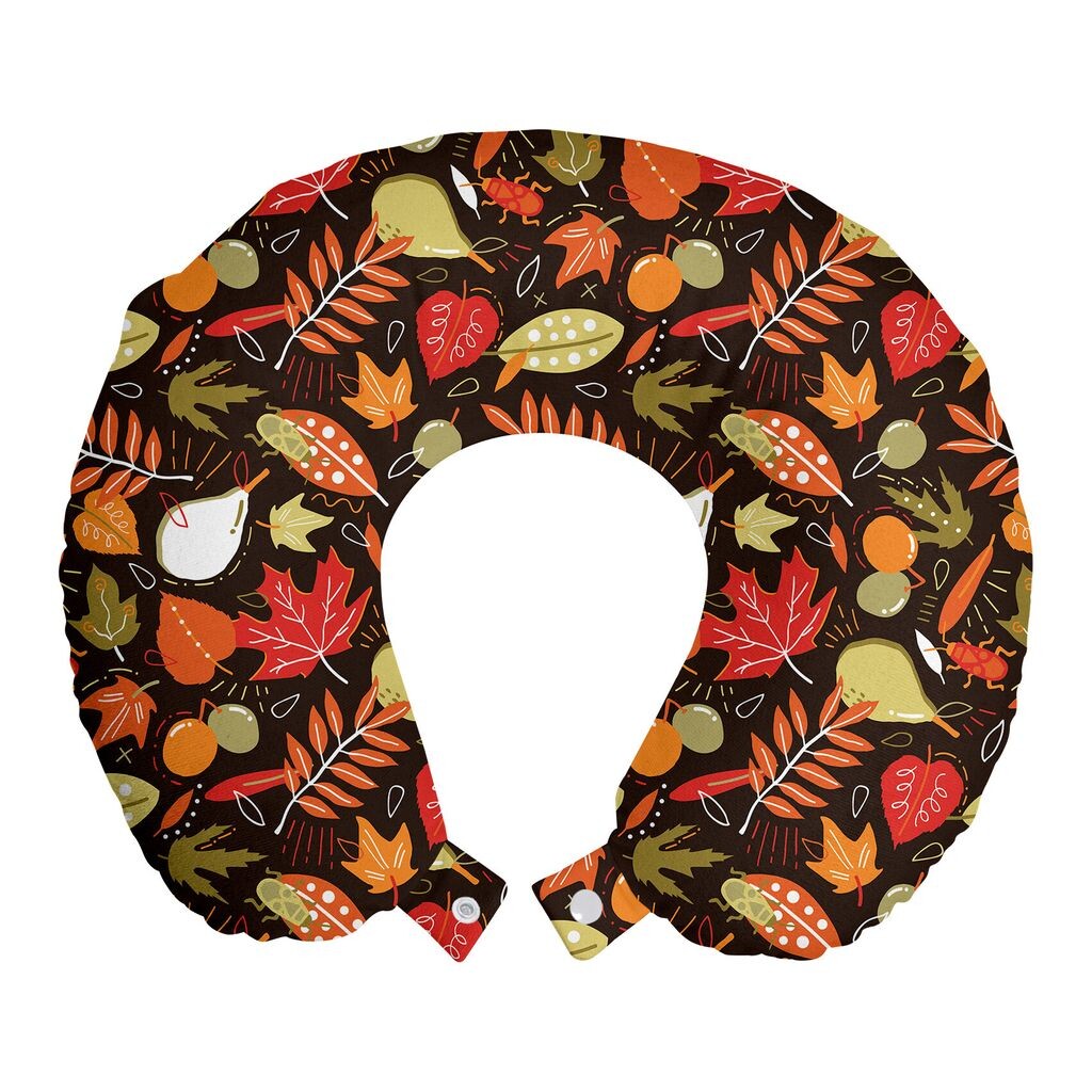 

ABAKUHAUS Осенняя дорожная подушка для шеи, каракули с осенними листьями, пенопластовый дорожный предмет для самолета и автомобиля, 30x30 см, темно-коричневый и разноцветный