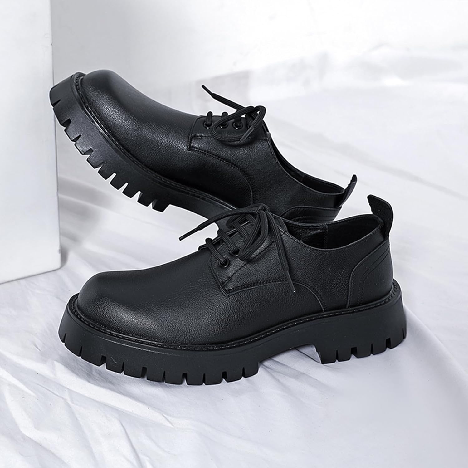 Мужские кожаные туфли с шнуровкой и массивной подошвой Oxfords, классический круглый носок, платформа, широкий каблук, деловые туфли, модные повседневные туфли Derby для увеличения роста Ptnoka, черный — фото 2