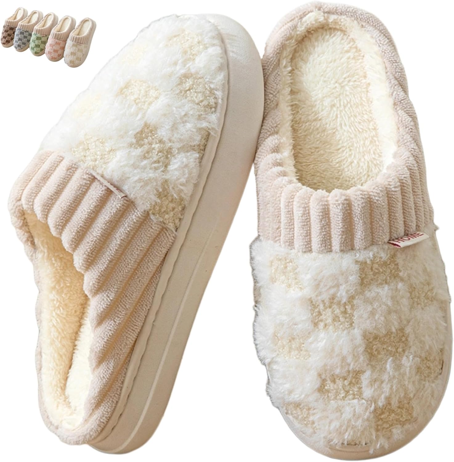 

Iwhgrmp Тапочки в клетку для женщин и мужчин, пушистые зимние уютные плюшевые домашние тапочки с теплой уплотненной подошвой, клетчатые хлопковые домашние туфли, надевать легко, слоновая кость