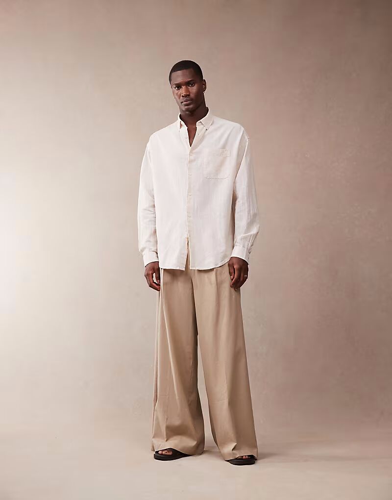 

Брюки ASOS DESIGN строгие, очень широкие, из льняной смеси, со складкой спереди, темно-каменного цвета