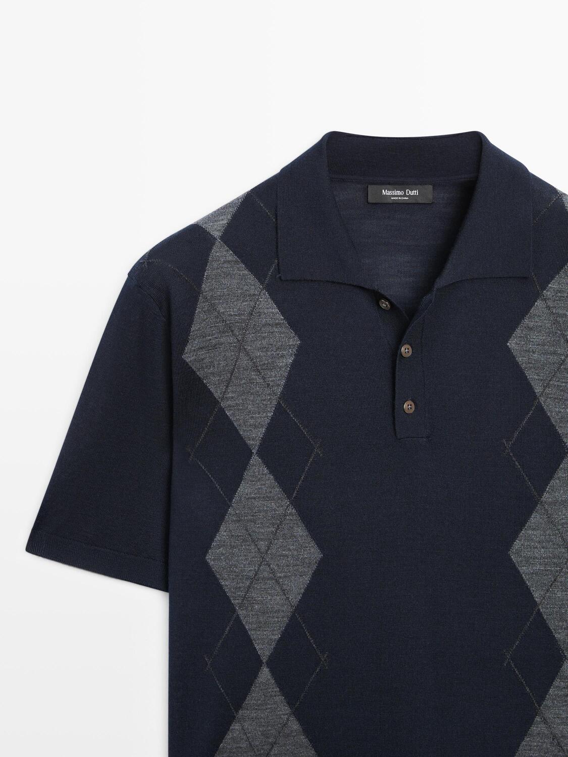 Вязаный свитер-поло из смеси мериносовой шерсти с узором аргайл Massimo Dutti, navy blue — фото 4