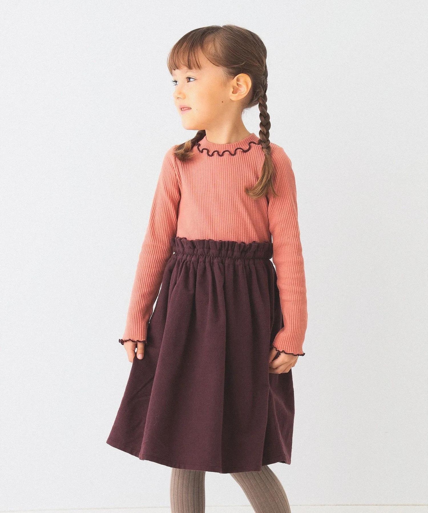 Платье Mellow Rib Switch (90–150 см) BEAMS mini, CORAL×DARK BROWN — фото 2