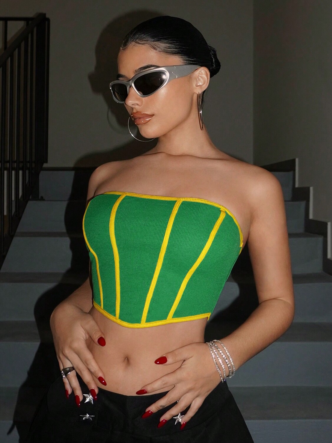 

SHEIN ICON модный женский топ без бретелек в стиле колор-блок спереди, зеленый