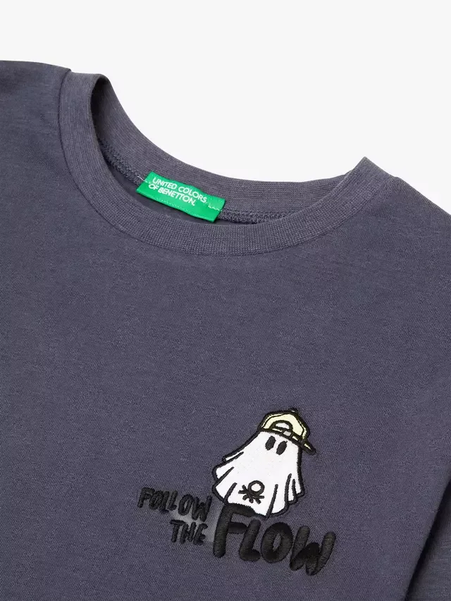 Детская хлопковая футболка с длинными рукавами, синяя Benetton — фото 3