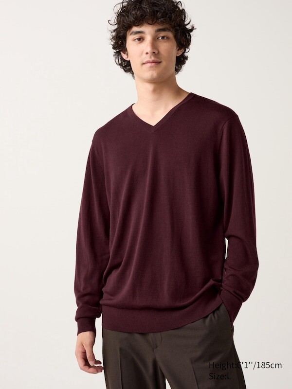 

Джемпер из мериноса с v образным вырезом Uniqlo, бордовый