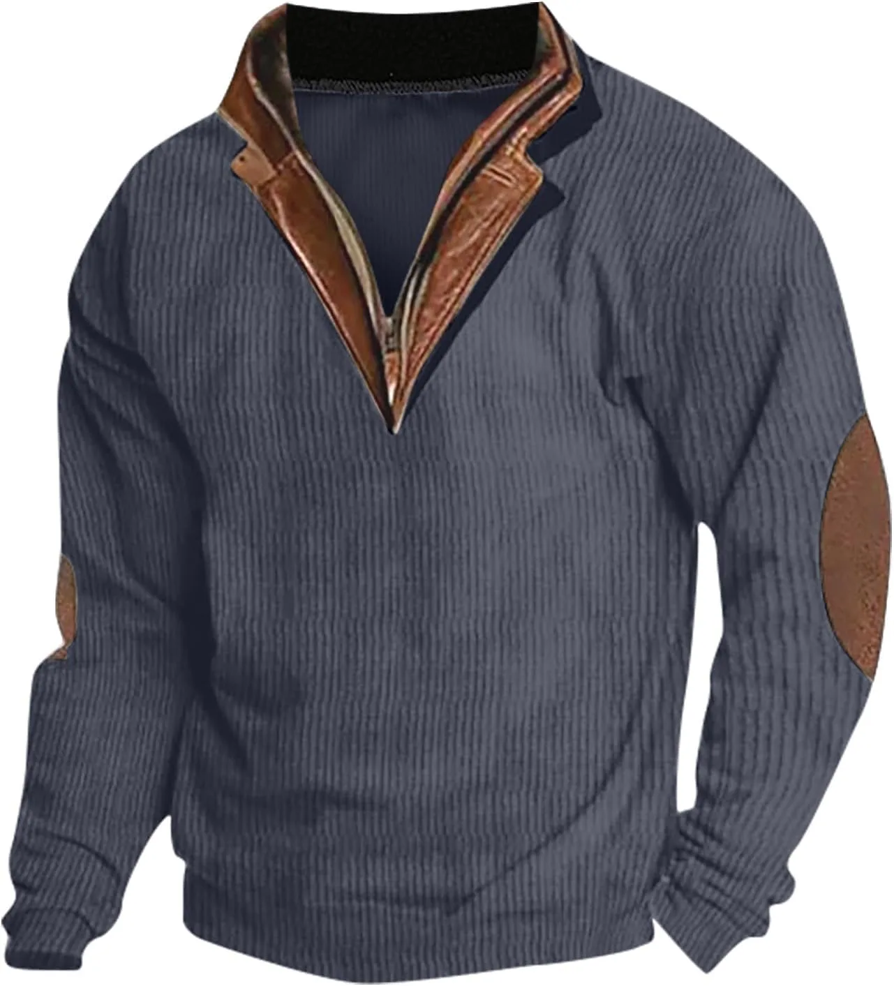 

Akklian мужской четверть-застежки свитер легкий воротник-стойка повседневный длинный рукав вязаный пуловер с заплатками на локтях