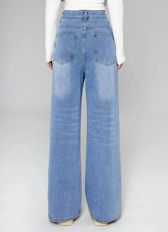 Джинсы прямые широкие, Women's Summer Baggy Jeans Vintage American Style Straight Wide-Leg Denim Pants Casual Full-Length Trousers, Light Blue — фото 4