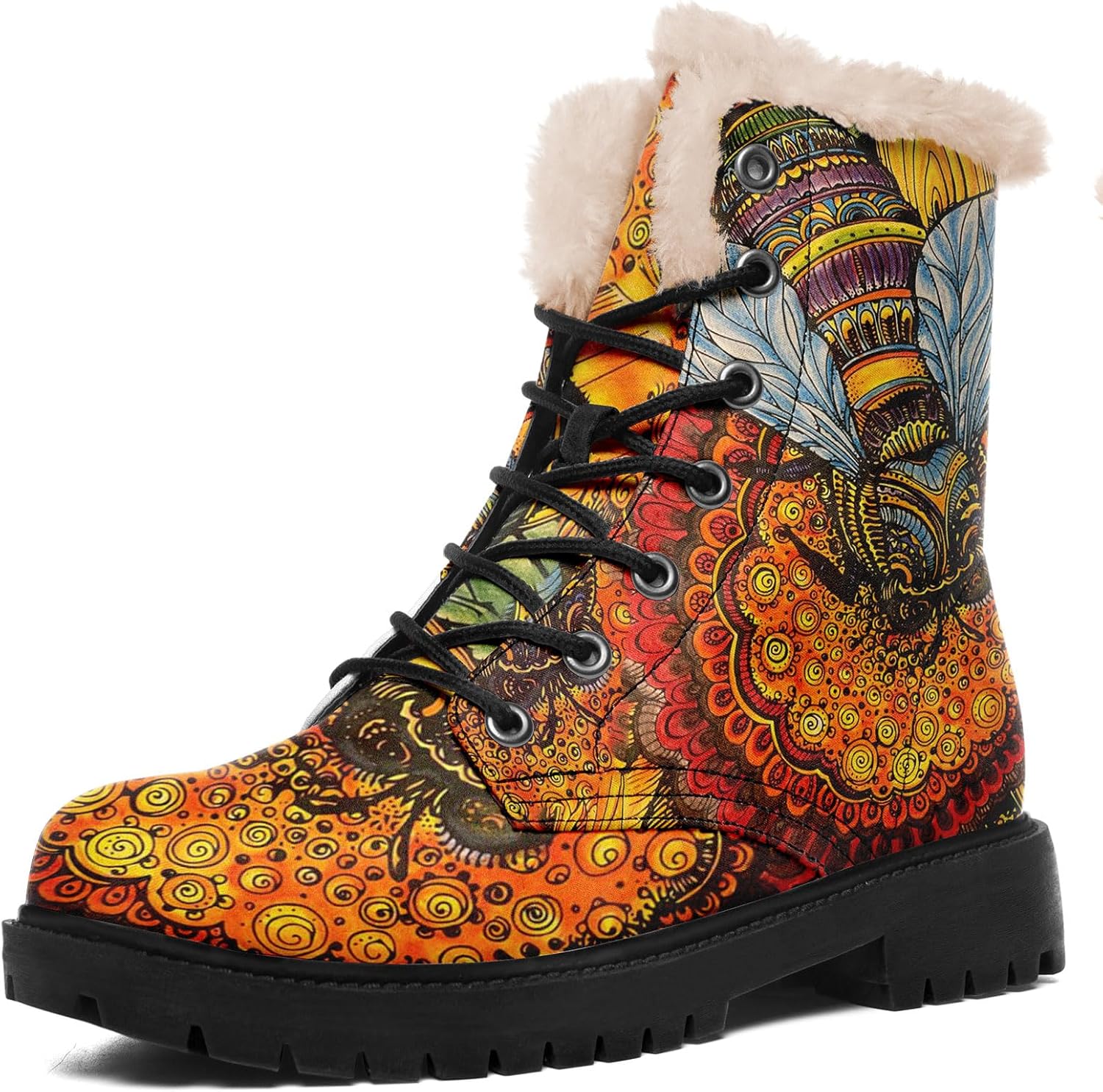 

Художественные зимние ботинки для женщин с узорами мандалы Солнце, Луна, Пчела, шнурованные уютные зимние ботинки с искусственным мехом Awsole, красный/желтый/оранжевый