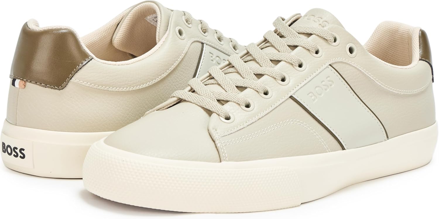 BOSS мужские кожаные кроссовки Aiden Logo Block низкие, Soft Cream — фото 3
