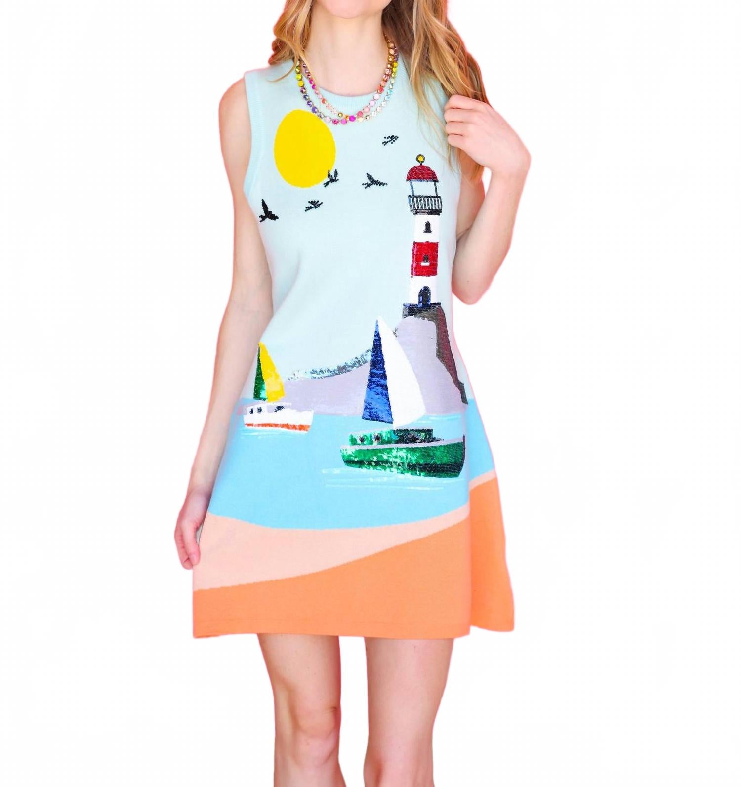 

Парусная лодка и маяк вязаное платье-майка в разноцветном QUEEN OF SPARKLES, мультиколор