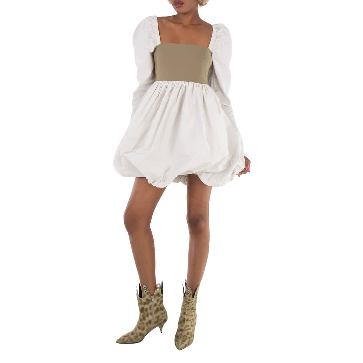 

Ганни платье из смесовой тафты с длинными рукавами и расклешенным мини GANNI, Aloe