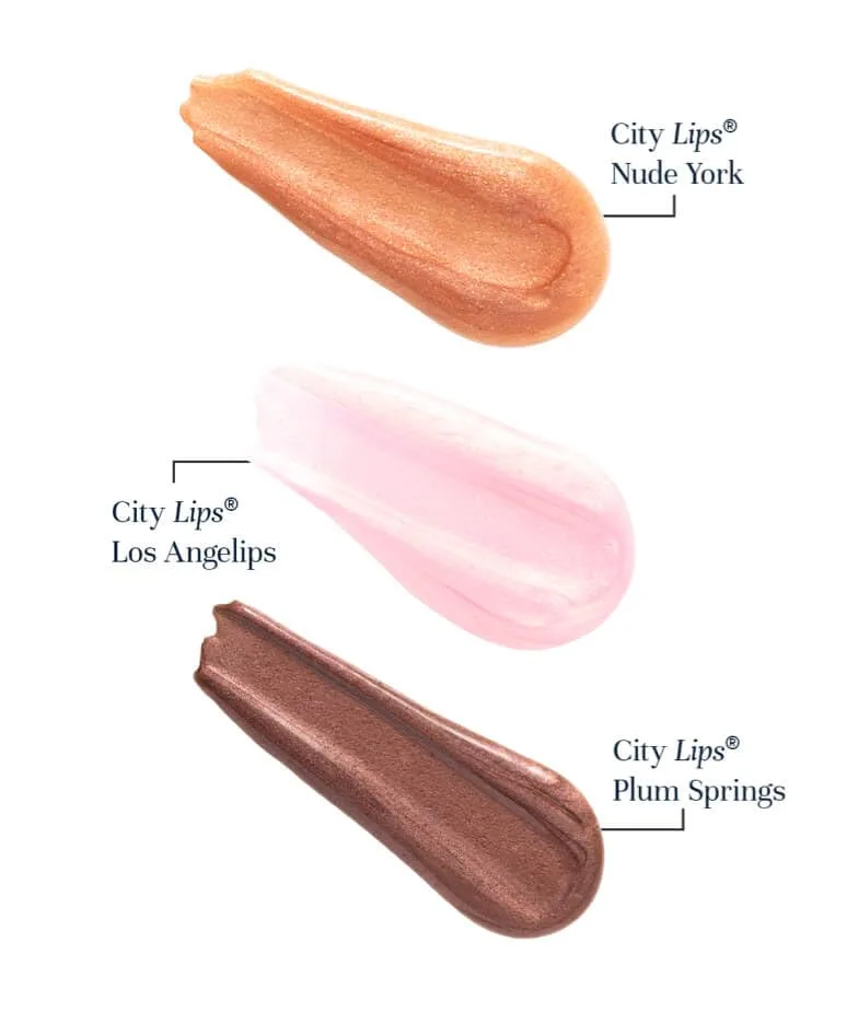 City Beauty City Lips Our Favorites - тонирующий блеск для увеличения объема с гиалуроновой кислотой и пептидами, увлажняет и увеличивает объем, набор - Nude York 0.16 oz, Los Angelips 0.16 oz, Plum Springs 0.16 oz — фото 3