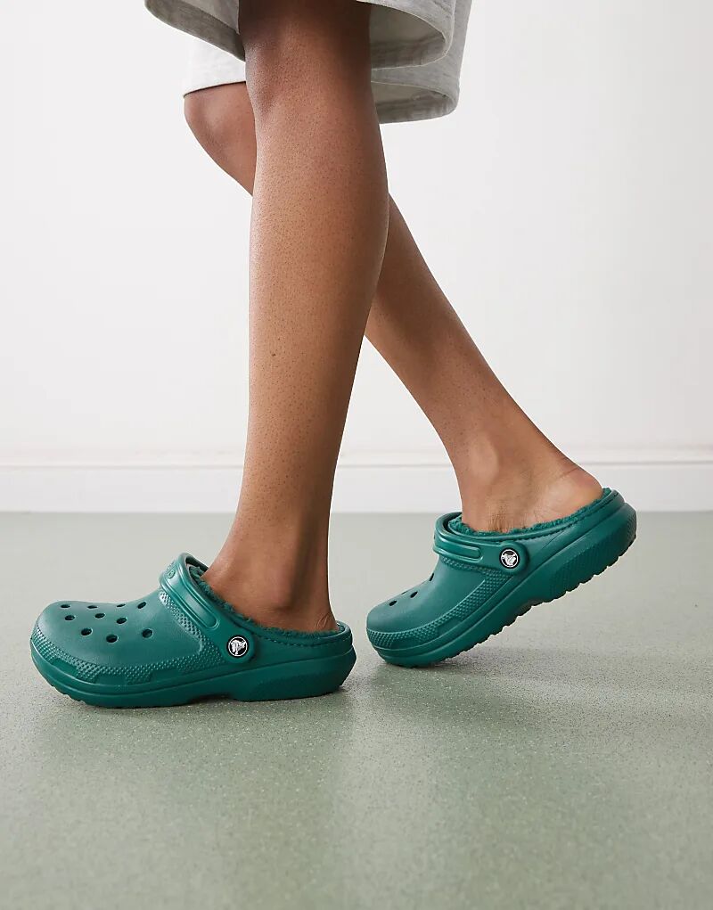 Сабо Crocs Unisex Classic на флисовой подкладке темно-изумрудно-зеленого цвета