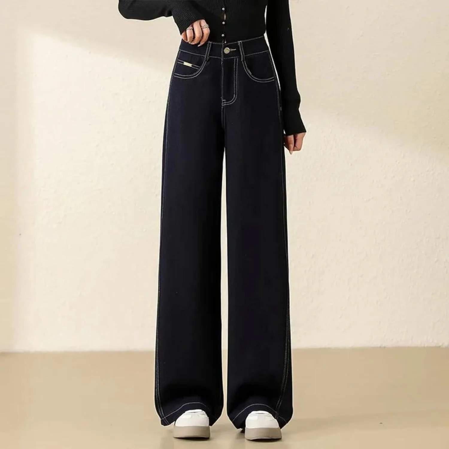 Женские джинсы Wide Leg - деним на весну с высокой талией, драпированные свободные стройнящие прямые брюки Generic, синий — фото 3
