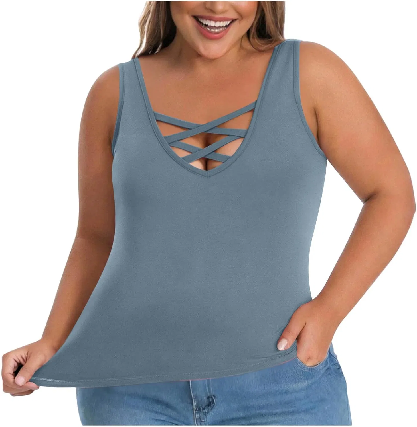 Топ с встроенным бюстгальтером, без рукавов, Plus Size, Light Blue — фото 4