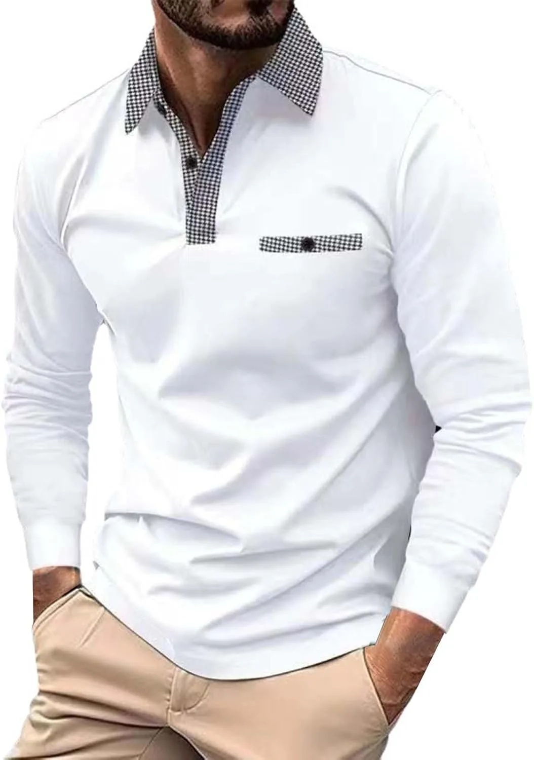 

Мужская поло с длинным рукавом из хлопка, классический воротник на пуговицах и карманом ESKNAS