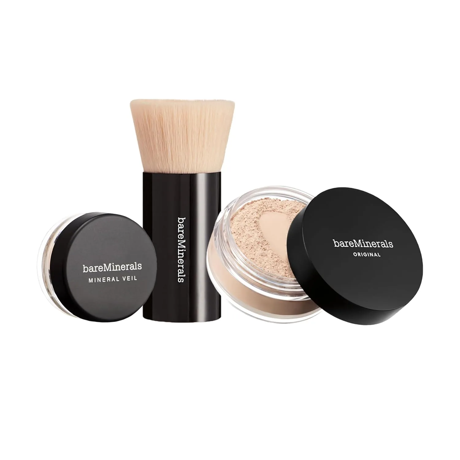 bareMinerals Original Get Started Kit, набор макияжа из 3 предметов: полноразмерная минеральная рассыпчатая тональная основа SPF 15, дорожная кисть Beautiful Finish и фиксирующая пудра Original Mineral Veil, AC Fairly Medium