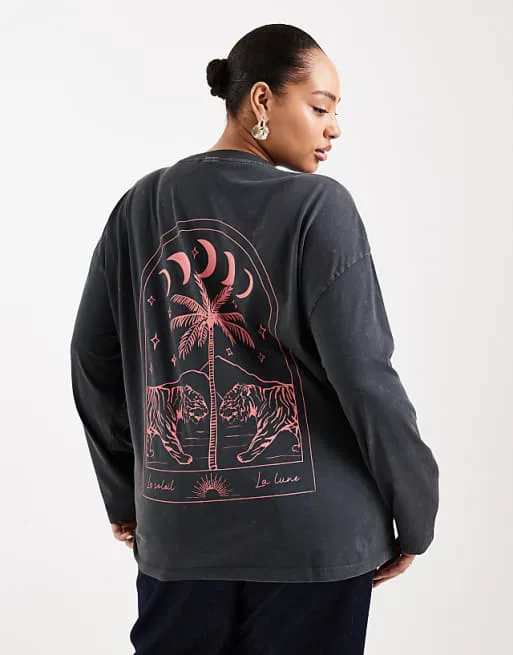 

Темно-серая футболка с длинными рукавами и изображением луны и тигра ASOS DESIGN Curve, Серый, Темно-серая футболка с длинными рукавами и изображением луны и тигра ASOS DESIGN Curve