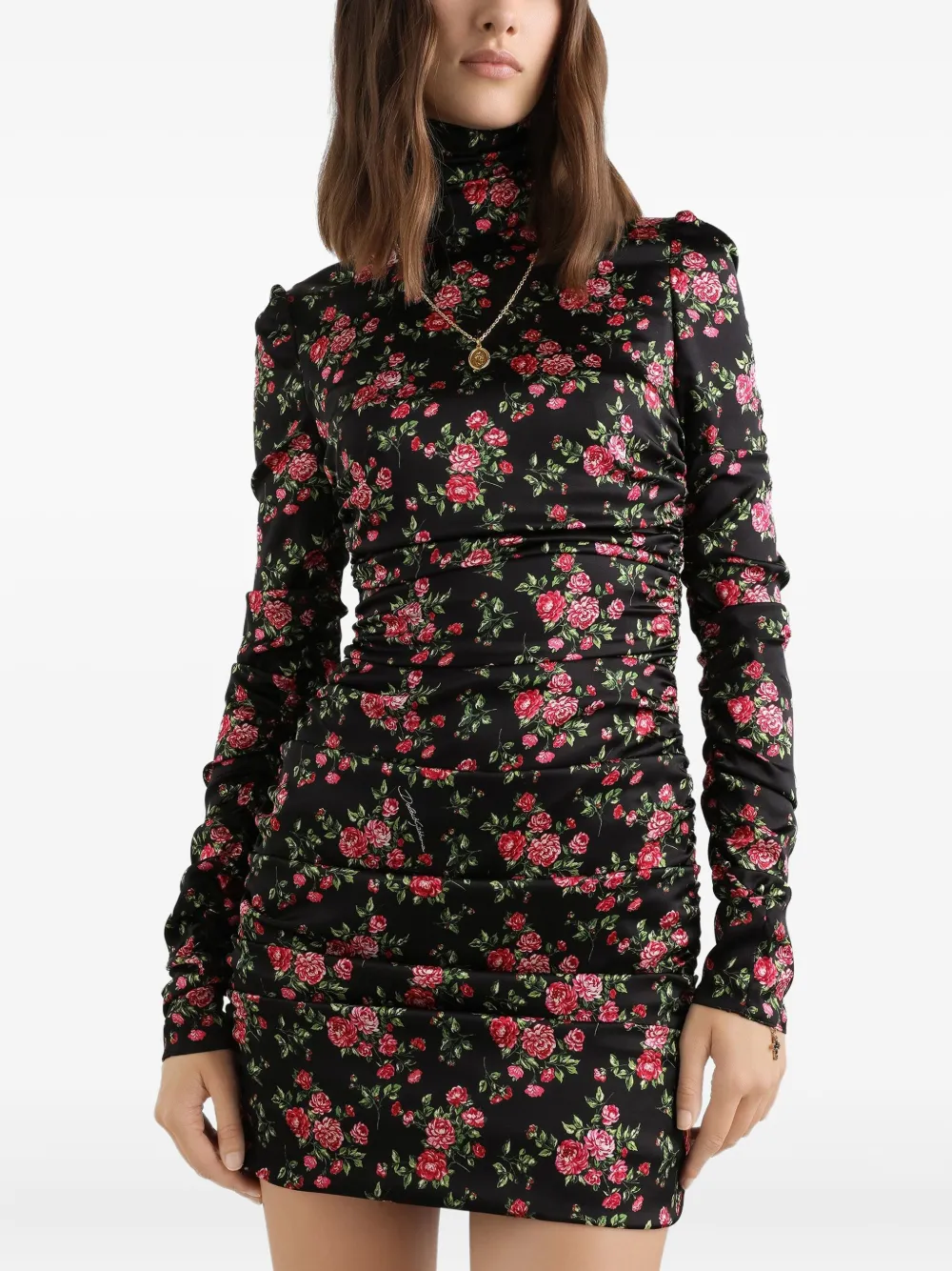 Платье мини со сборками и цветочным принтом DOLCE & GABBANA, черный — фото 4
