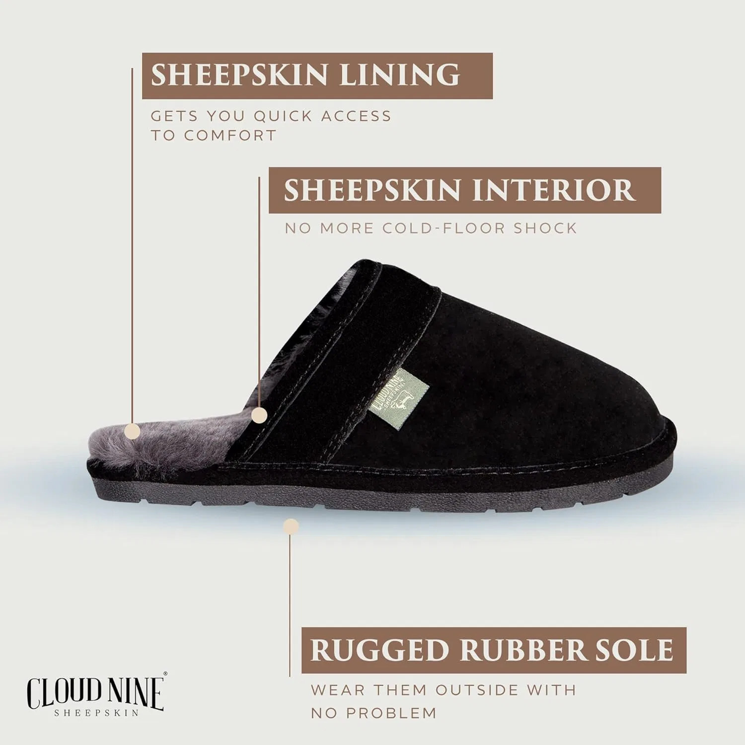 Тапочки из овчины, на мягкой подошве, Cloud Nine, Black Cloud Nine Sheepskin — фото 3