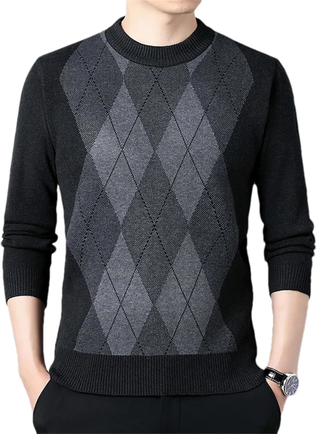 

Мужской вязаный свитер утолщенный осенне-зимний с контрастным ромбом O-горловина длинный рукав повседневный OWEIEYEU