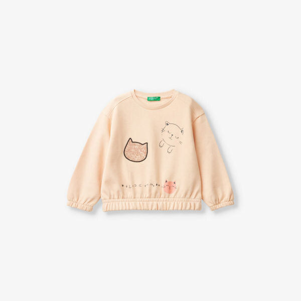 

Хлопковая толстовка с вышивкой «Кошка» 18 месяцев - 6 лет Benetton, бежевый