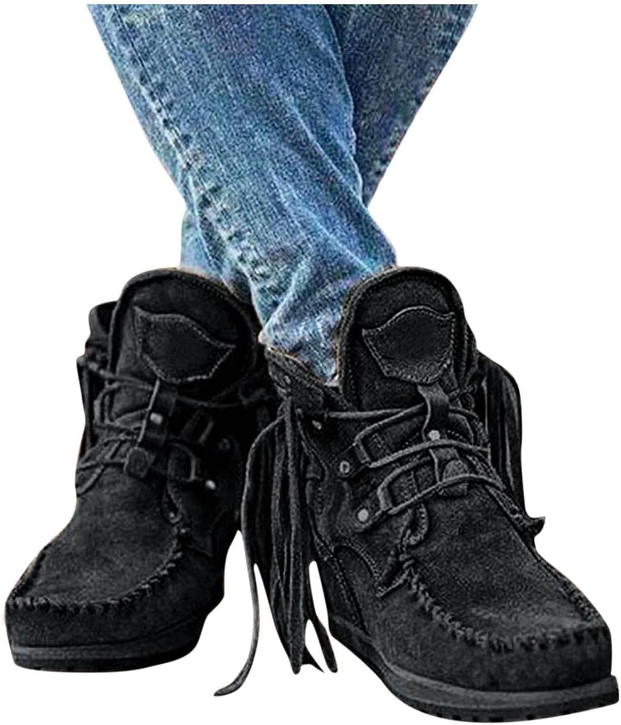 

Женские ботильоны Hbeylia Boho с бахромой, этнические, в стиле бохо, винтажные, из замши с кисточками, на шнуровке, с широким закругленным носком, массивным каблуком, низкие, короткие, ретро, пляжные, на выход, для прогулок, черный