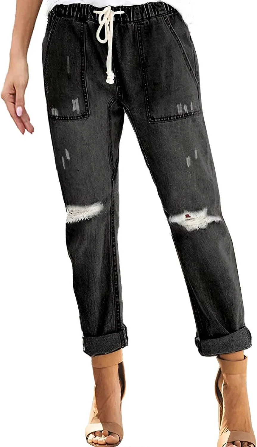 

Джинсы с кулиской для женщин, стрейч, потертые, в стиле бойфренд