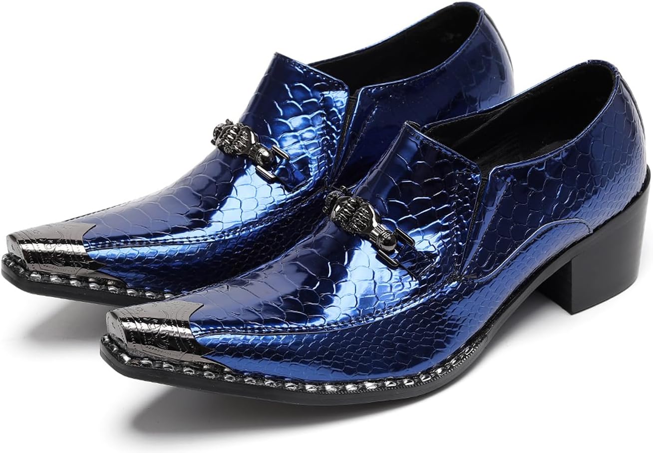 

Мужские слипоны Santimon из металлической крокодиловой кожи с металлическим носком и черепной цепочкой - повседневные, для торжеств, диско, клуба и свадьбы, синий