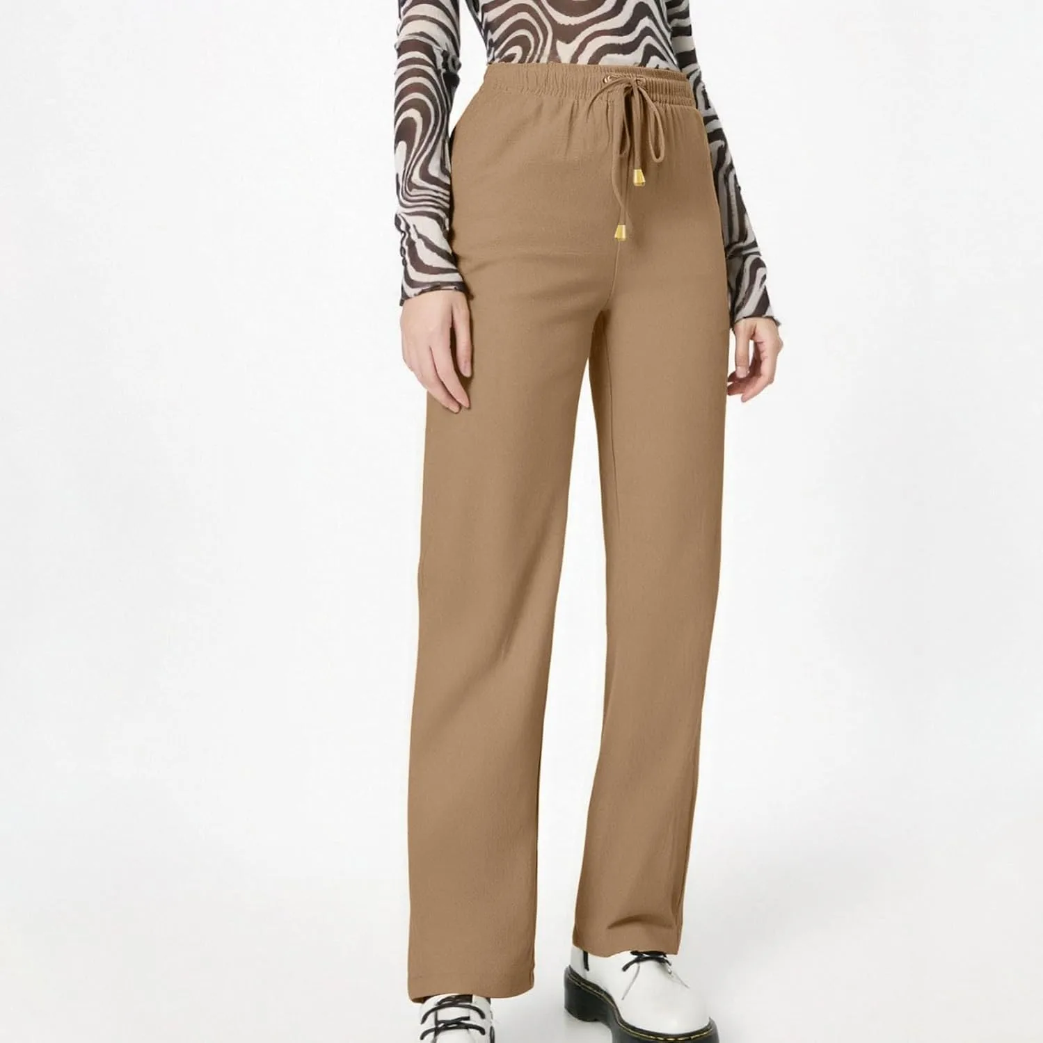 Женские брюки Wide Leg из льна для лета и пляжа, свободного кроя, с высокой посадкой, легкие, хлопок-лен, с карманами Generic, хаки — фото 4