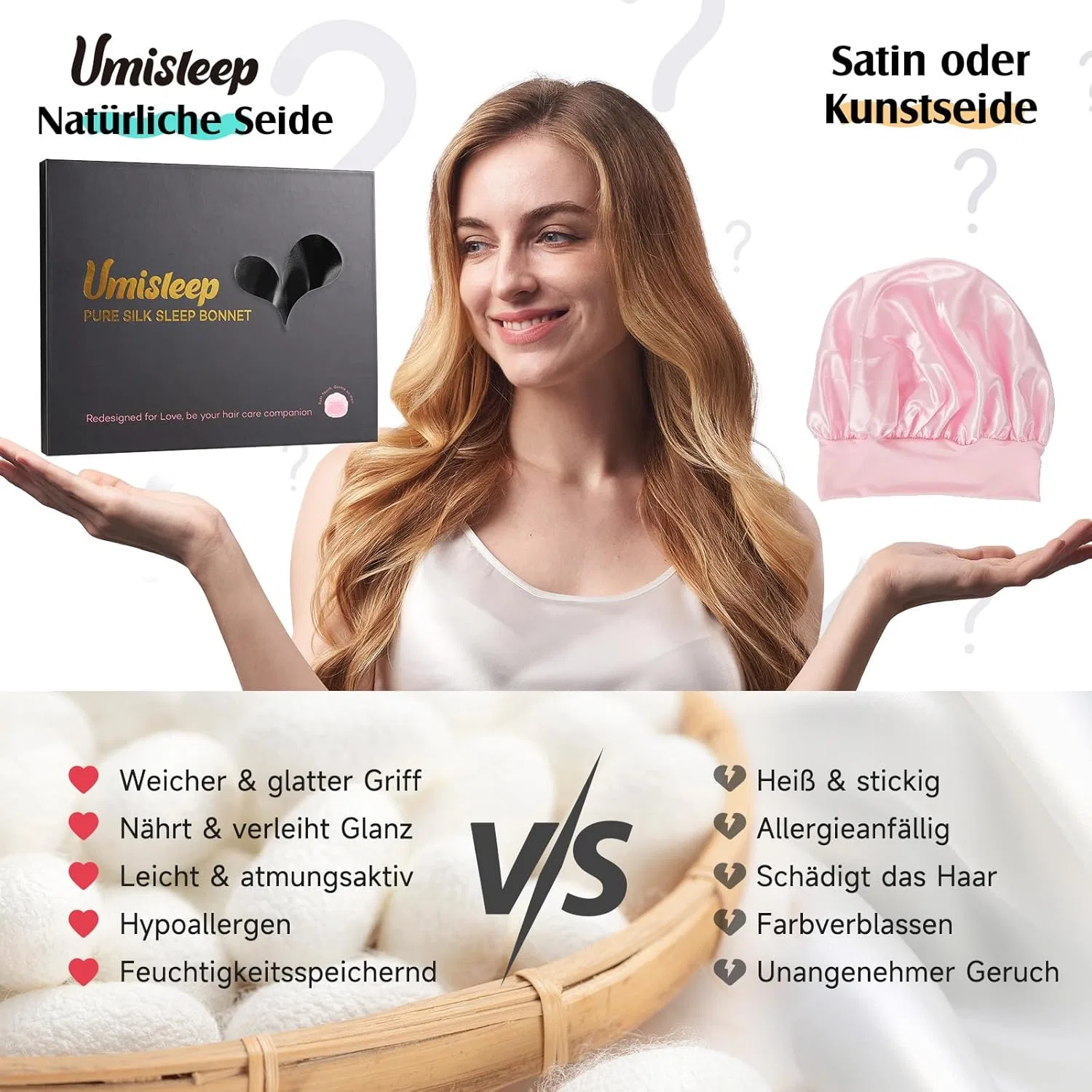 Шелковая шапочка для сна 22 Momme от Umisleep Umisleep, Black + Pink — фото 4