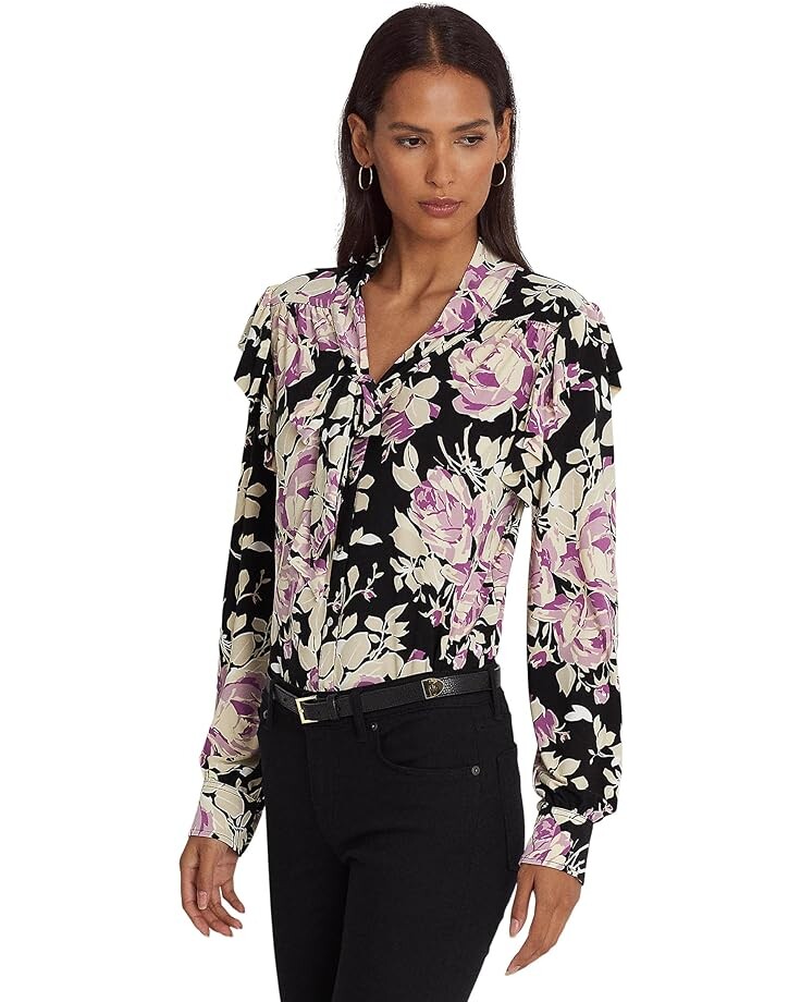 

Топ LAUREN Ralph Lauren Floral Stretch Jersey Tie-Neck, цвет Black/Lavender/Cream