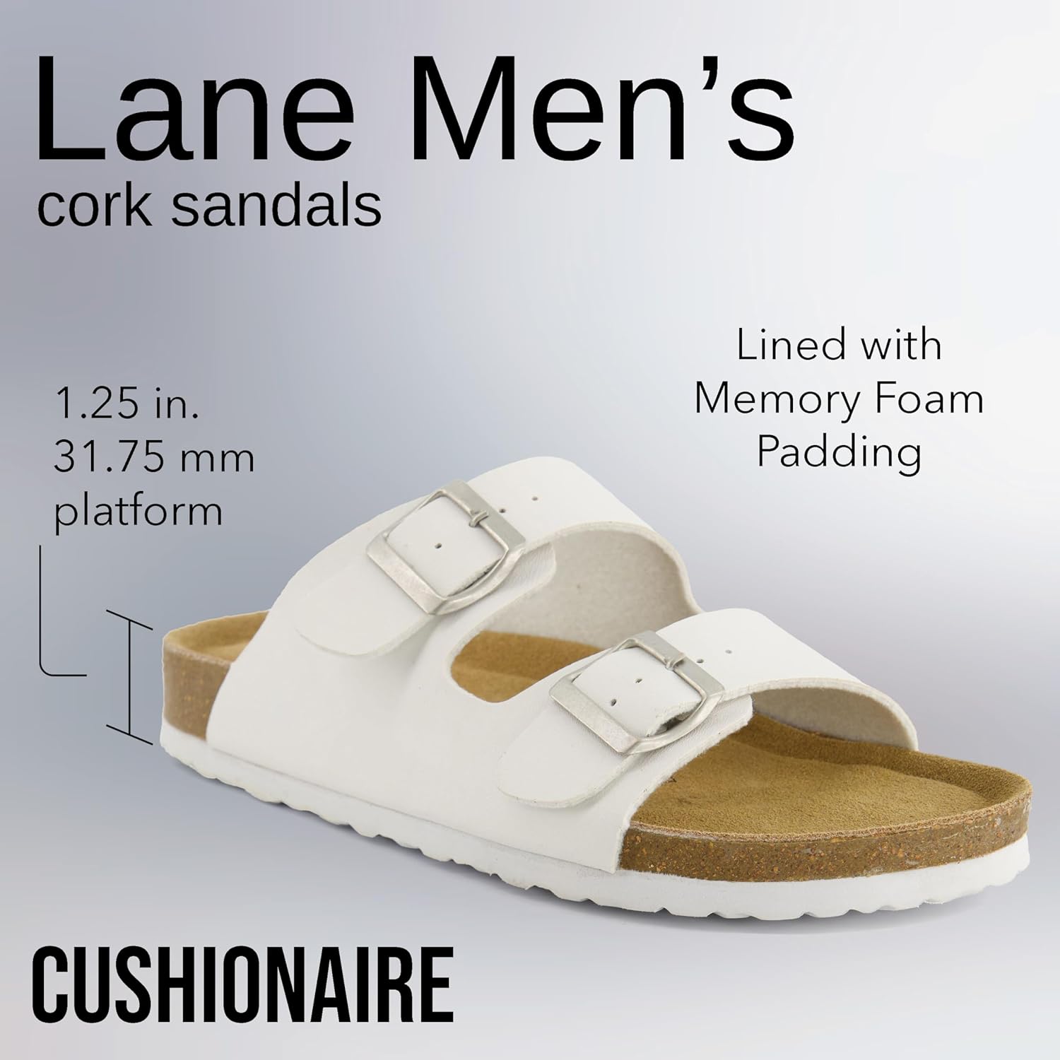 Мужские сандалии CUSHIONAIRE Lane с пробковой стелькой, регулируемые с пряжкой, комфортные шлепанцы, стелька из натуральной кожи, летняя обувь для мужчин, белый — фото 4
