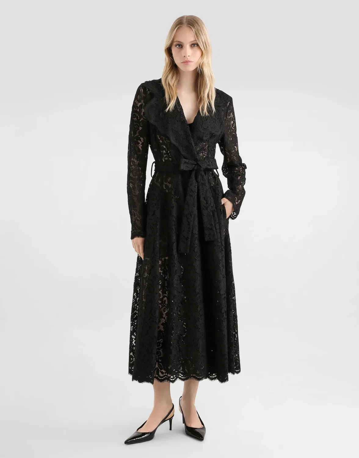 Длинное двубортное пальто из кружева кордонетто DOLCE & GABBANA, черный — фото 2