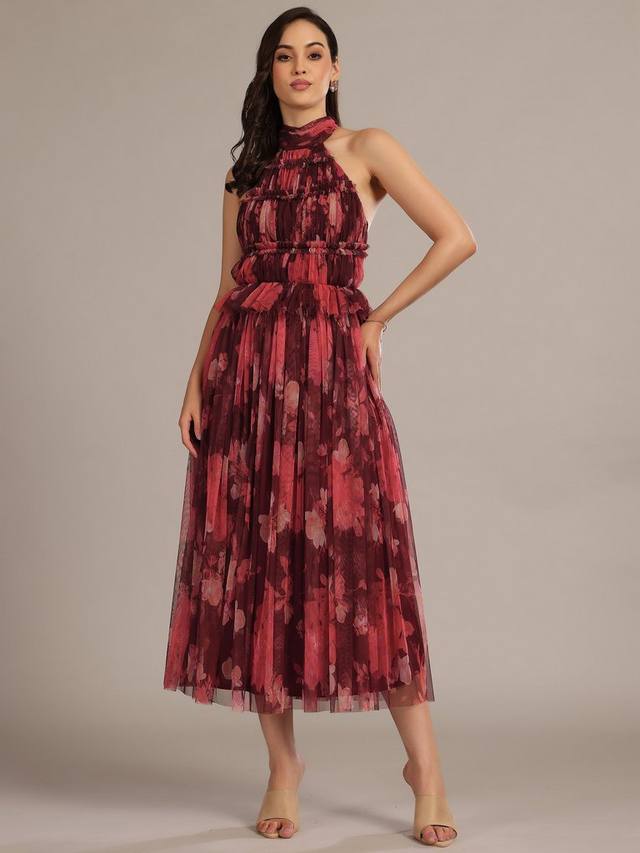 

Юбка миди с цветочным принтом Lace & Beads, Red Multi