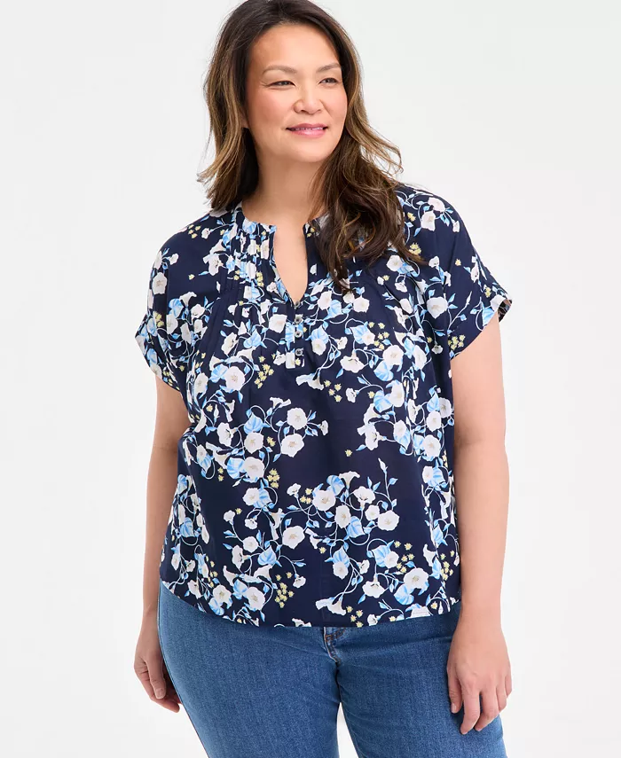 

Блузка с коротким рукавом принтованная, Plus Size Style & Co, синий