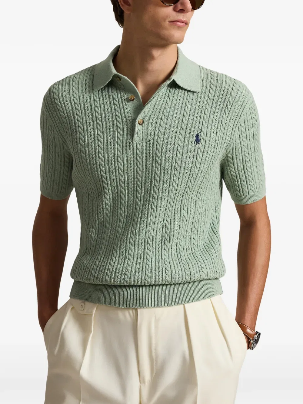Свитер-Поло крупной вязки с вышивкой Polo Ralph Lauren, зеленый — фото 3