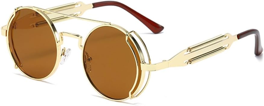 

Женские солнцезащитные очки в стиле ретро стимпанк, мужские винтажные солнцезащитные очки с круглой металлической оправой, защита от УФ-излучения UV400 VFDHN, Gold With Brown