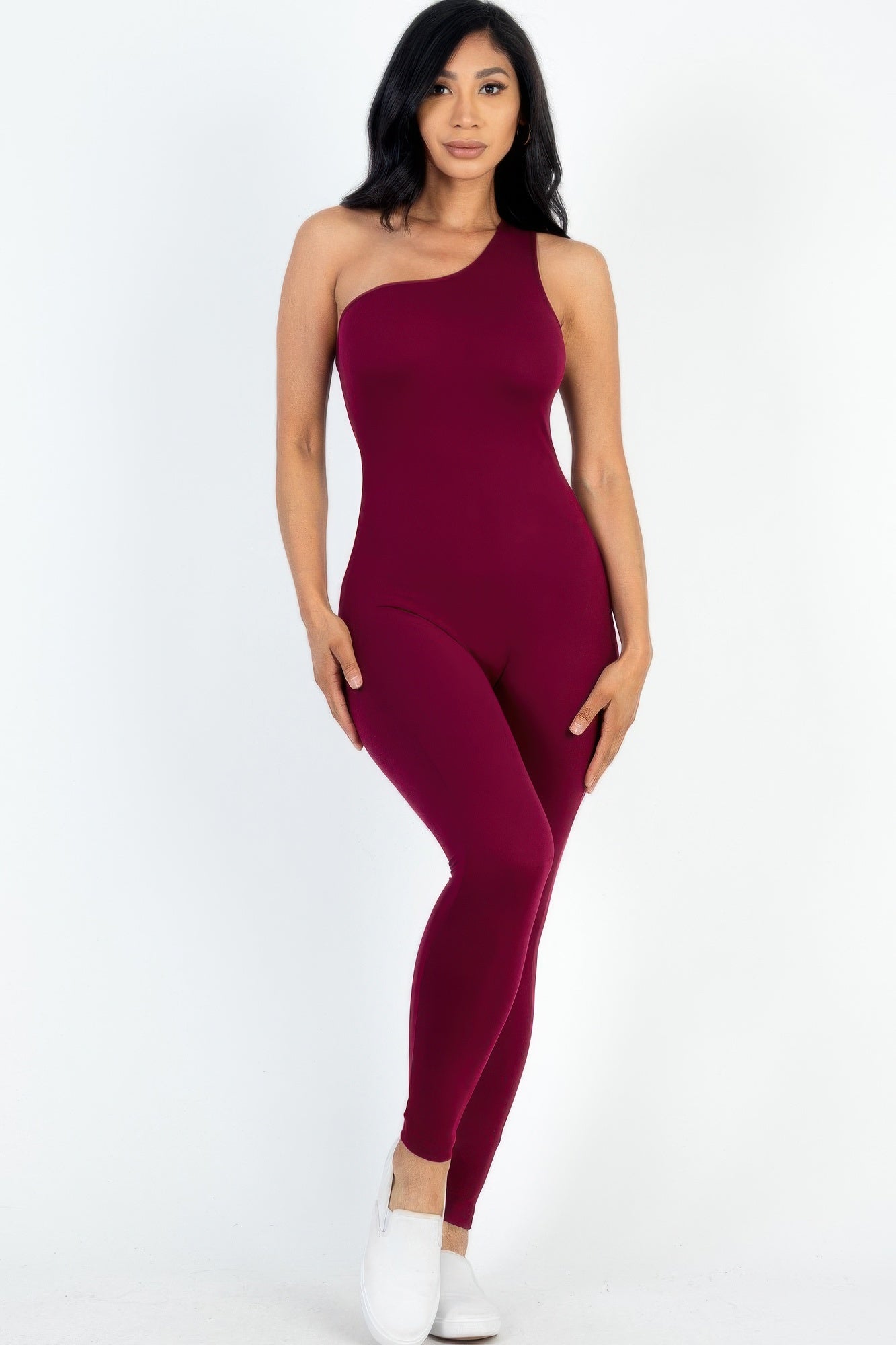 

FASHNZFAB Женский однотонный комбинезон на одно плечо, цвет burgundy