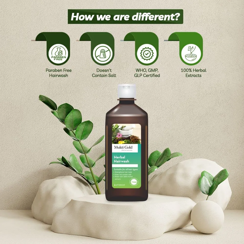 Mukti gold Herbal Hairwash 400 мл семейная упаковка (набор из 3 шт) укрепляет корни волос, не содержит соли, 100% натуральные растительные экстракты, сертифицировано WHO-GLP, GMP, ISO 333 мл (3 шт.) Axiom, Gold — фото 4