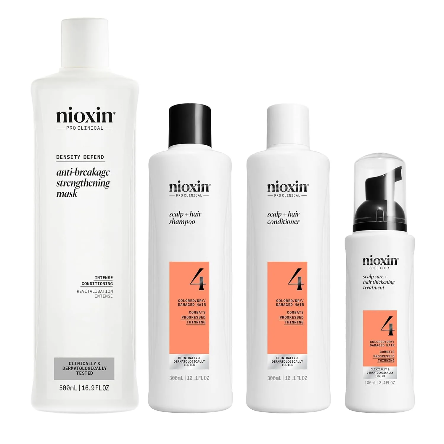 Набор Nioxin Scalp + Hair Thickening System 4 для окрашенных, сухих и поврежденных волос с прогрессирующим истончением: очищение, кондиционирование, уход и укрепляющая маска Density Defend Anti-Breakage, Orange