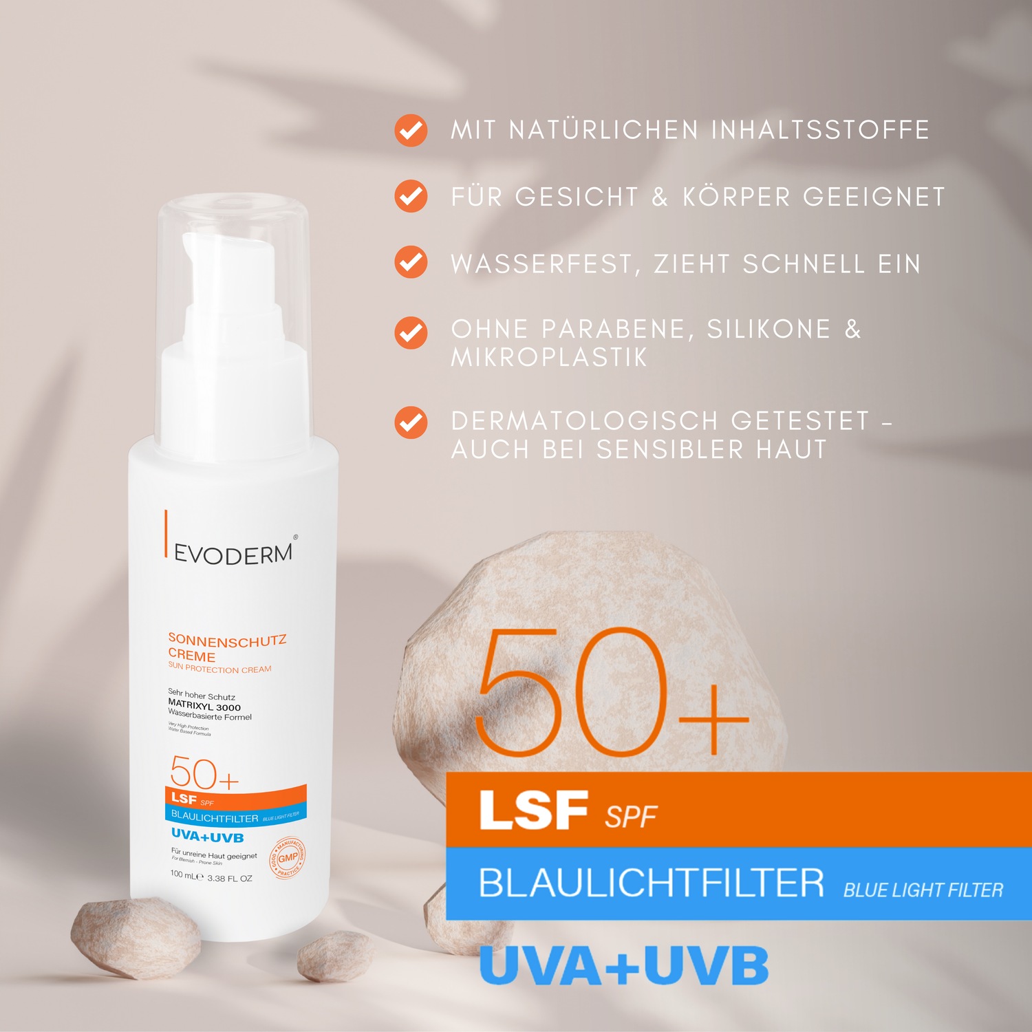 Солнцезащитный крем sonnenschutzcreme lsf 50+ - uva+uvb + blaulichtfilter mit matrixyl 3000 Evoderm, объем 100 мл — фото 2