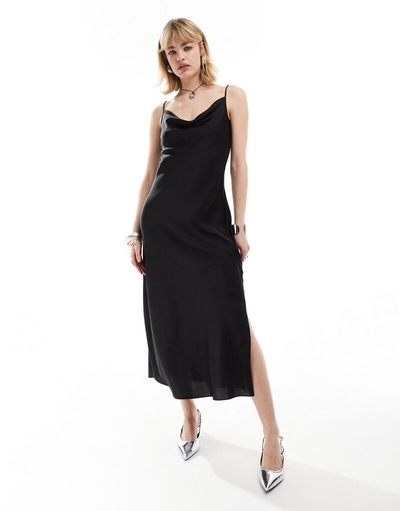 

Черное атласное платье-комбинация миди AllSaints Hadley