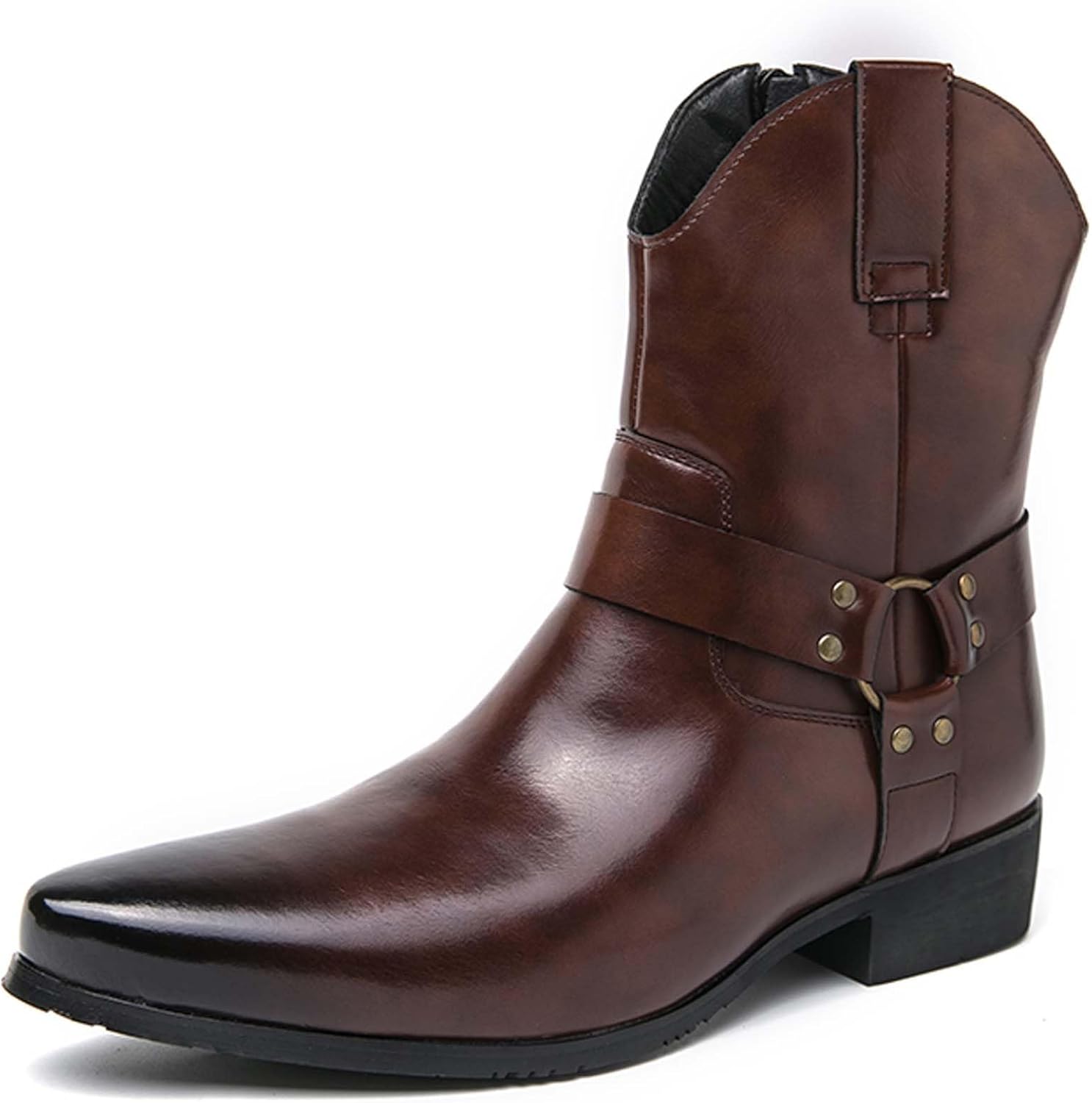 

Мужские западные ковбойские ботинки с модным заостренным носком, повседневные и официальные, ботинки Челси с противоскользящей подошвой для езды на мотоцикле, с пряжкой и боковой молнией Generic, коричневый