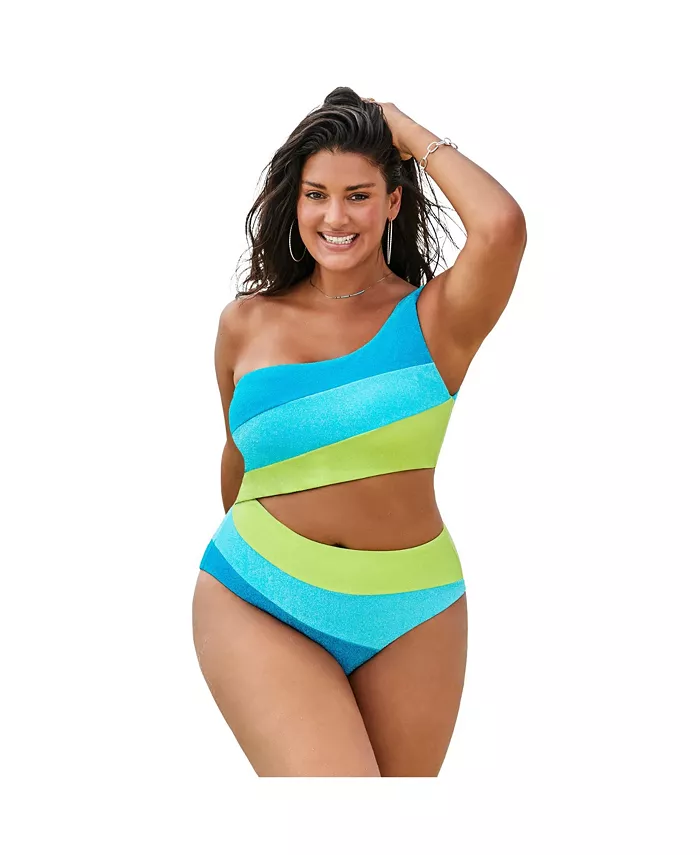 

Женский купальник One Shoulder Color Block Cutout One Piece с асимметричным кроем и цветными блоками Swimsuits for All, зеленый