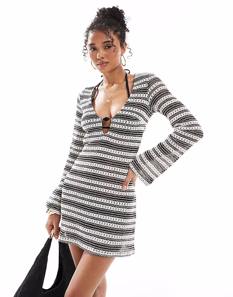 

Платье New Look crochet stripe kaftan in black and white